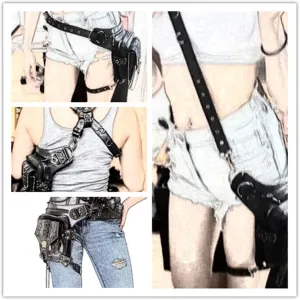 Black Fanny Waist Bag for Women of Steampunk Punk Rock Fashion Multiway Carry Style (black stud)
