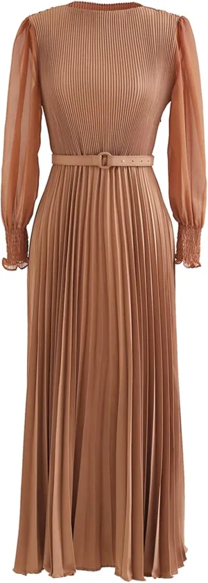 CHICWISH Women's Lilac/Yellow/Dark Green/Tan Full Pleated Belted Maxi Dress