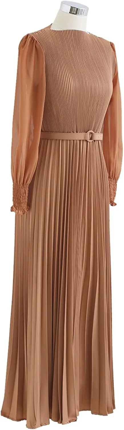 CHICWISH Women's Lilac/Yellow/Dark Green/Tan Full Pleated Belted Maxi Dress