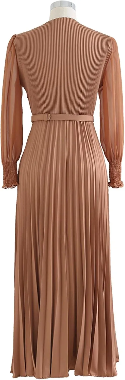 CHICWISH Women's Lilac/Yellow/Dark Green/Tan Full Pleated Belted Maxi Dress