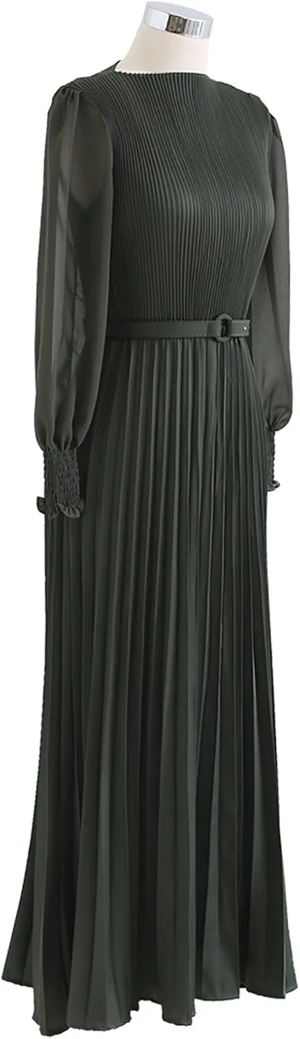 CHICWISH Women's Lilac/Yellow/Dark Green/Tan Full Pleated Belted Maxi Dress