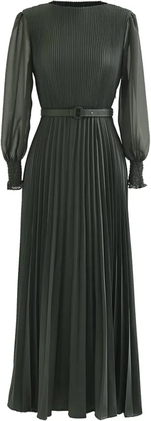 CHICWISH Women's Lilac/Yellow/Dark Green/Tan Full Pleated Belted Maxi Dress