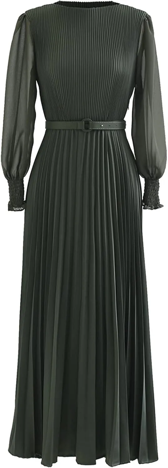 CHICWISH Women's Lilac/Yellow/Dark Green/Tan Full Pleated Belted Maxi Dress