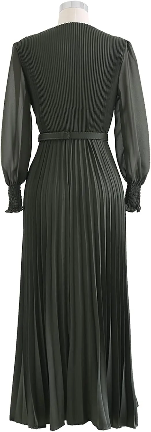 CHICWISH Women's Lilac/Yellow/Dark Green/Tan Full Pleated Belted Maxi Dress