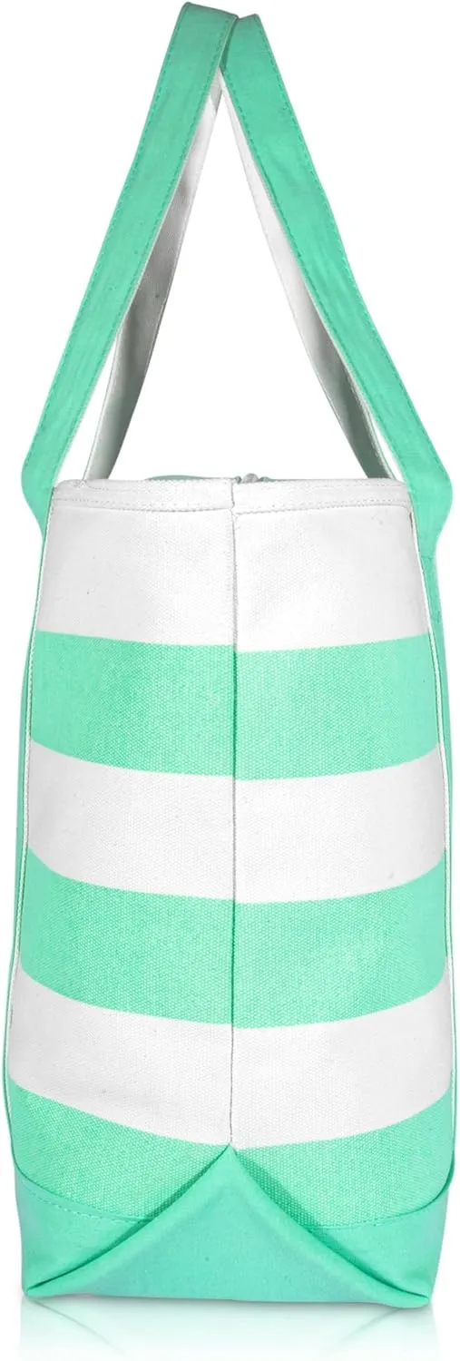 DALIX Striped Boat Bag Premium Cotton Canvas Tote White Mint Green