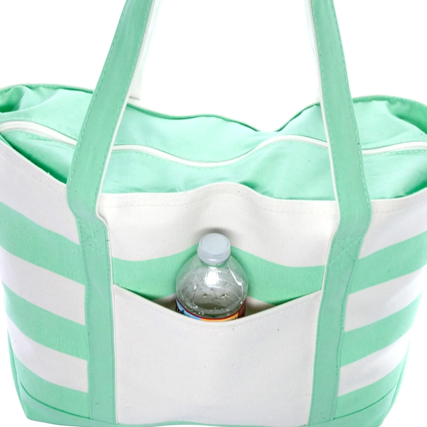 DALIX Striped Boat Bag Premium Cotton Canvas Tote White Mint Green