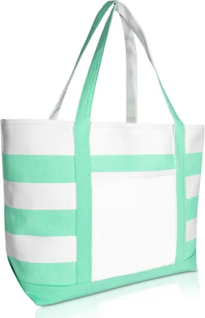 DALIX Striped Boat Bag Premium Cotton Canvas Tote White Mint Green