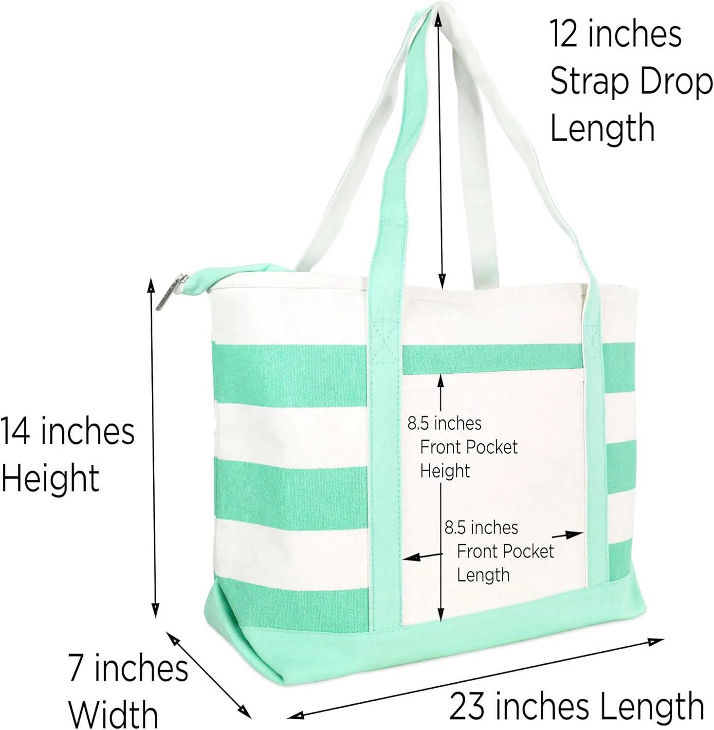 DALIX Striped Boat Bag Premium Cotton Canvas Tote White Mint Green