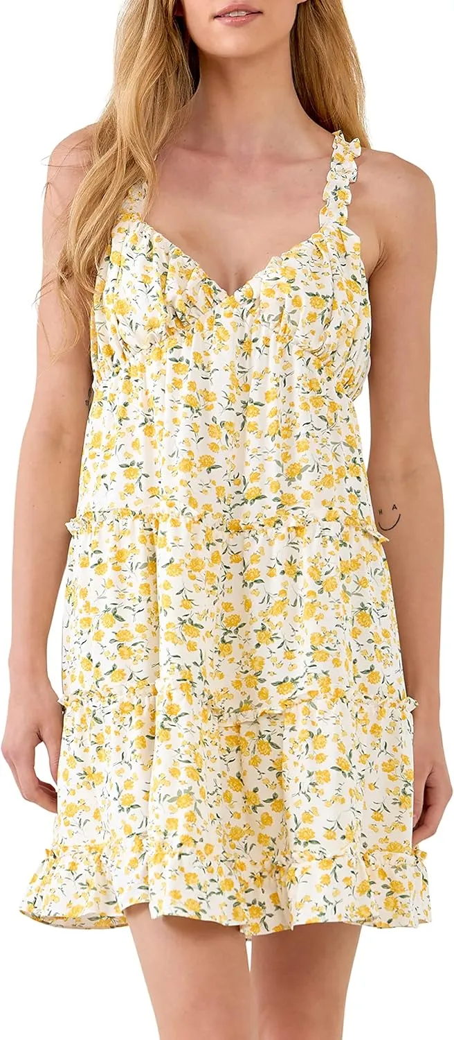 endless rose Women's Floral Ruffle Detail Mini Dress Yellow Multi