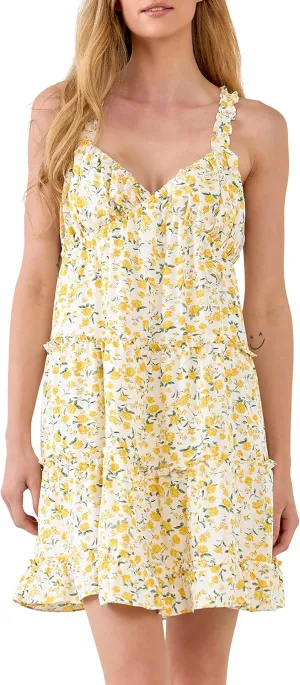 endless rose Women's Floral Ruffle Detail Mini Dress Yellow Multi