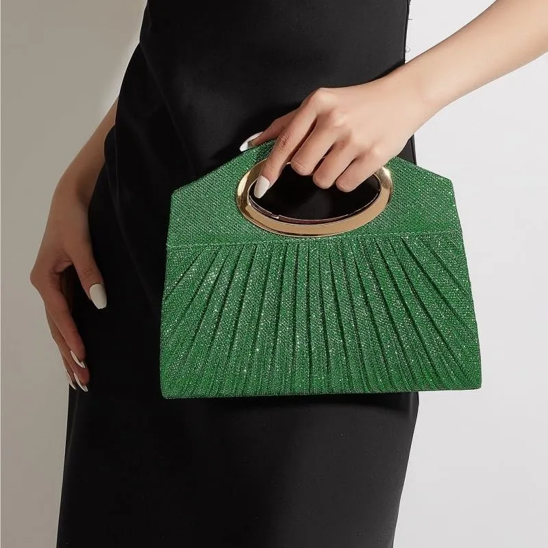 Fabric Art Green Evening Bag Metal Halo Clutch Purses
