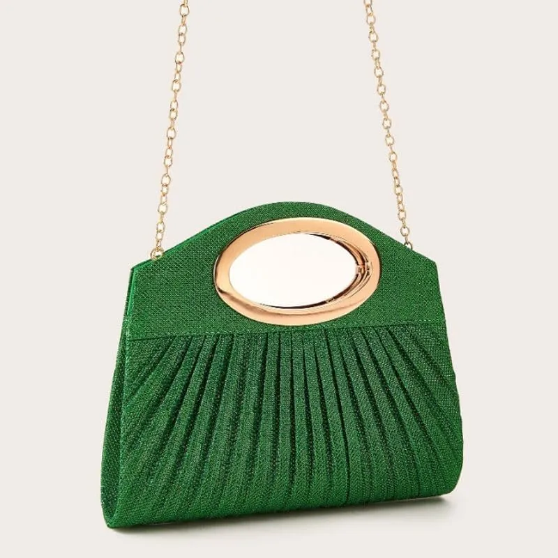 Fabric Art Green Evening Bag Metal Halo Clutch Purses