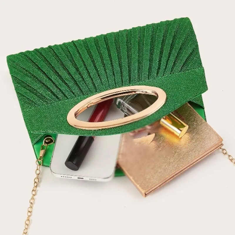 Fabric Art Green Evening Bag Metal Halo Clutch Purses