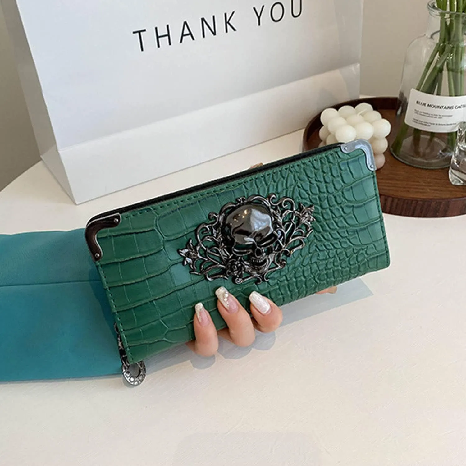 Goth Wallet Skull Clutch Bag PU Leather Gothic Purse (Green)