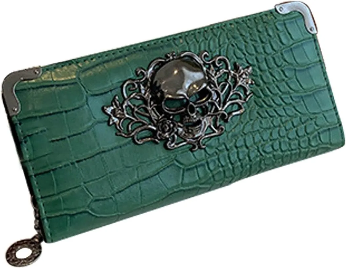 Goth Wallet Skull Clutch Bag PU Leather Gothic Purse (Green)