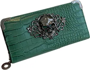 Goth Wallet Skull Clutch Bag PU Leather Gothic Purse (Green)