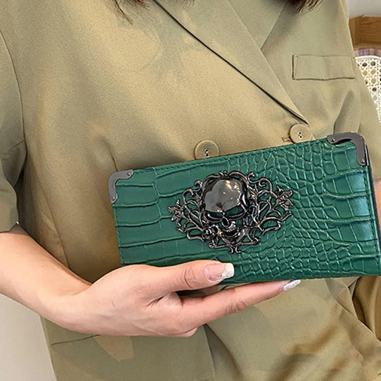 Goth Wallet Skull Clutch Bag PU Leather Gothic Purse (Green)