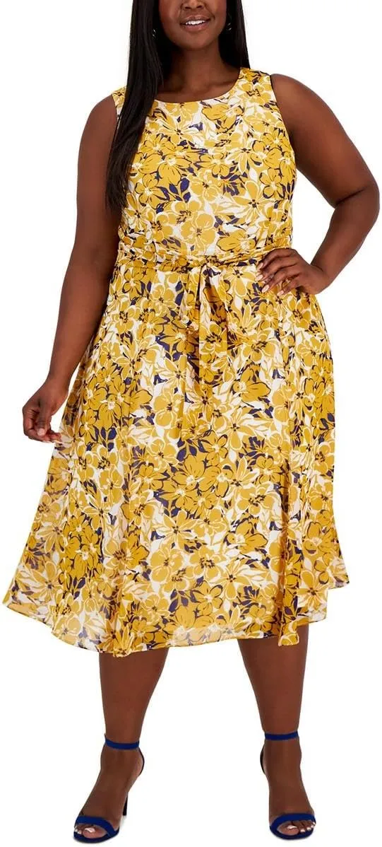 Kasper Womens Plus Floral Belted Midi Dress Yellow 1X