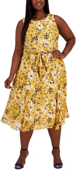 Kasper Womens Plus Floral Belted Midi Dress Yellow 1X