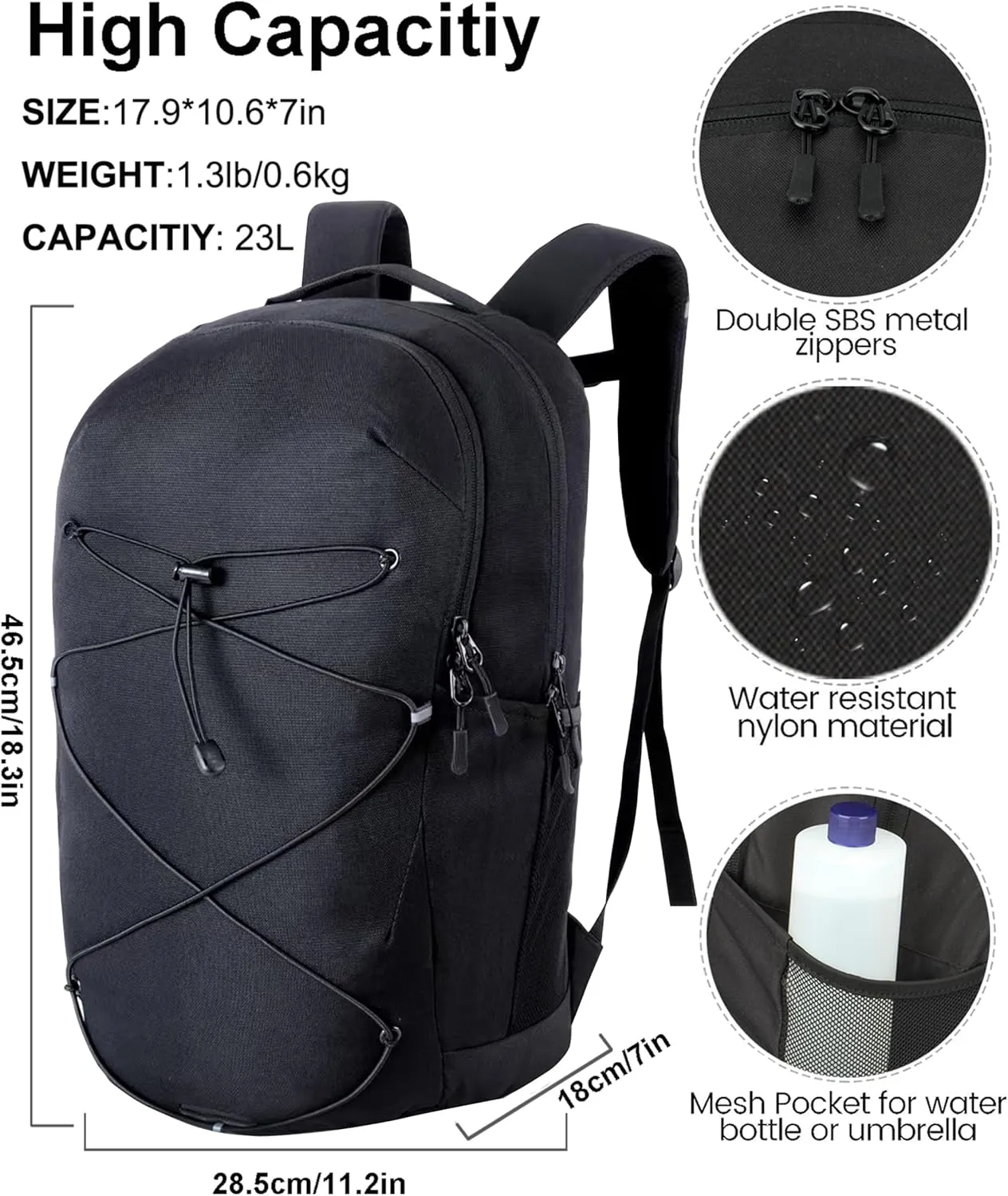 KEOFID Casual Backpack for Men and Women, Hiking Backpack for Travel, Black Daypacks for Sports, College, Water Resistant(Black)
