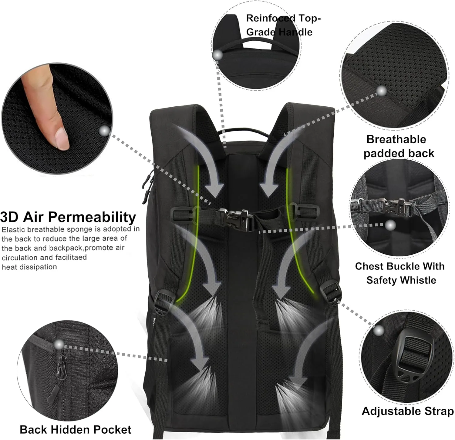 KEOFID Casual Backpack for Men and Women, Hiking Backpack for Travel, Black Daypacks for Sports, College, Water Resistant(Black)