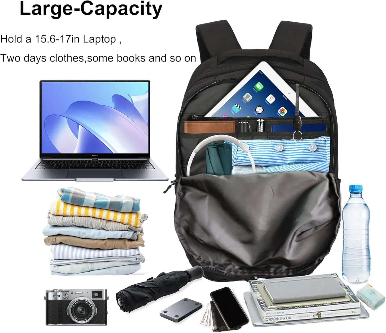 KEOFID Casual Backpack for Men and Women, Hiking Backpack for Travel, Black Daypacks for Sports, College, Water Resistant(Black)