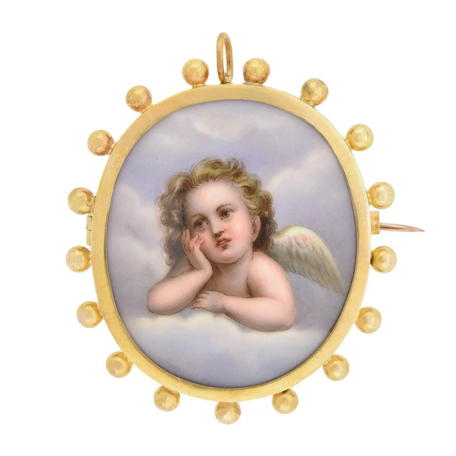 Victorian Large 18kt Hand Painted Porcelain Putti Cherub Pin/Pendant