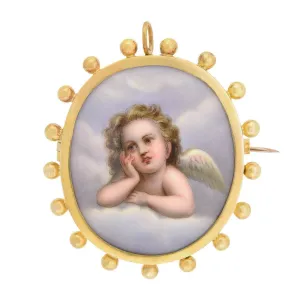 Victorian Large 18kt Hand Painted Porcelain Putti Cherub Pin/Pendant