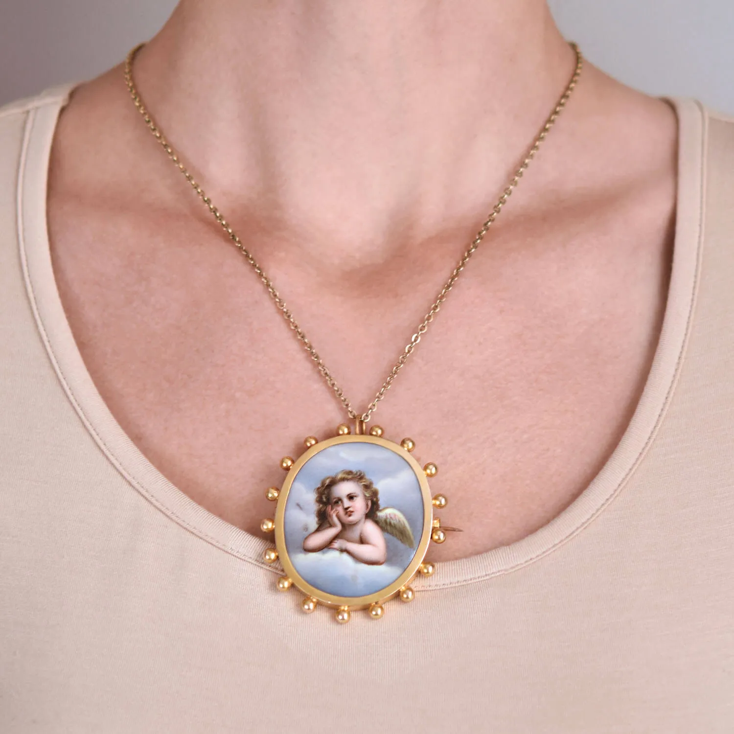 Victorian Large 18kt Hand Painted Porcelain Putti Cherub Pin/Pendant
