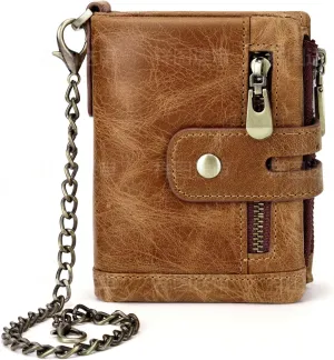 Vintage Small Women's wallet RFID Blocking Chain ladies purse leather (brown)