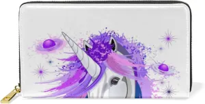 White Unicorn Pink and Purple Style on White Leather Long Wallet Organizer with Zipper Purse Clutch Bag for Women Men