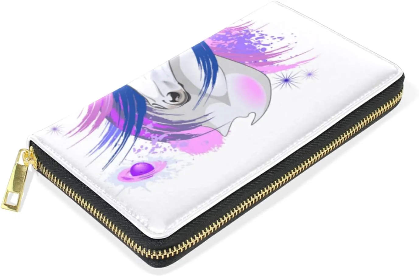 White Unicorn Pink and Purple Style on White Leather Long Wallet Organizer with Zipper Purse Clutch Bag for Women Men