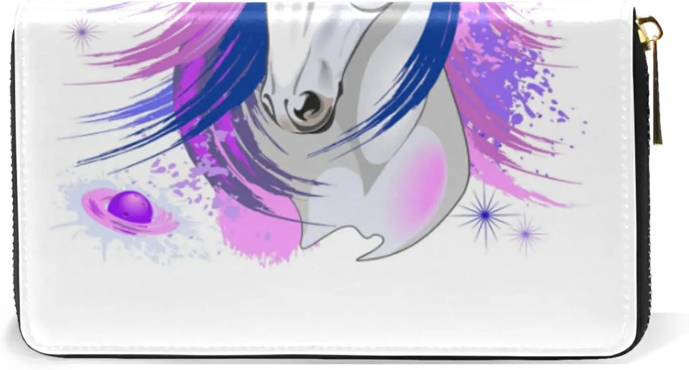 White Unicorn Pink and Purple Style on White Leather Long Wallet Organizer with Zipper Purse Clutch Bag for Women Men