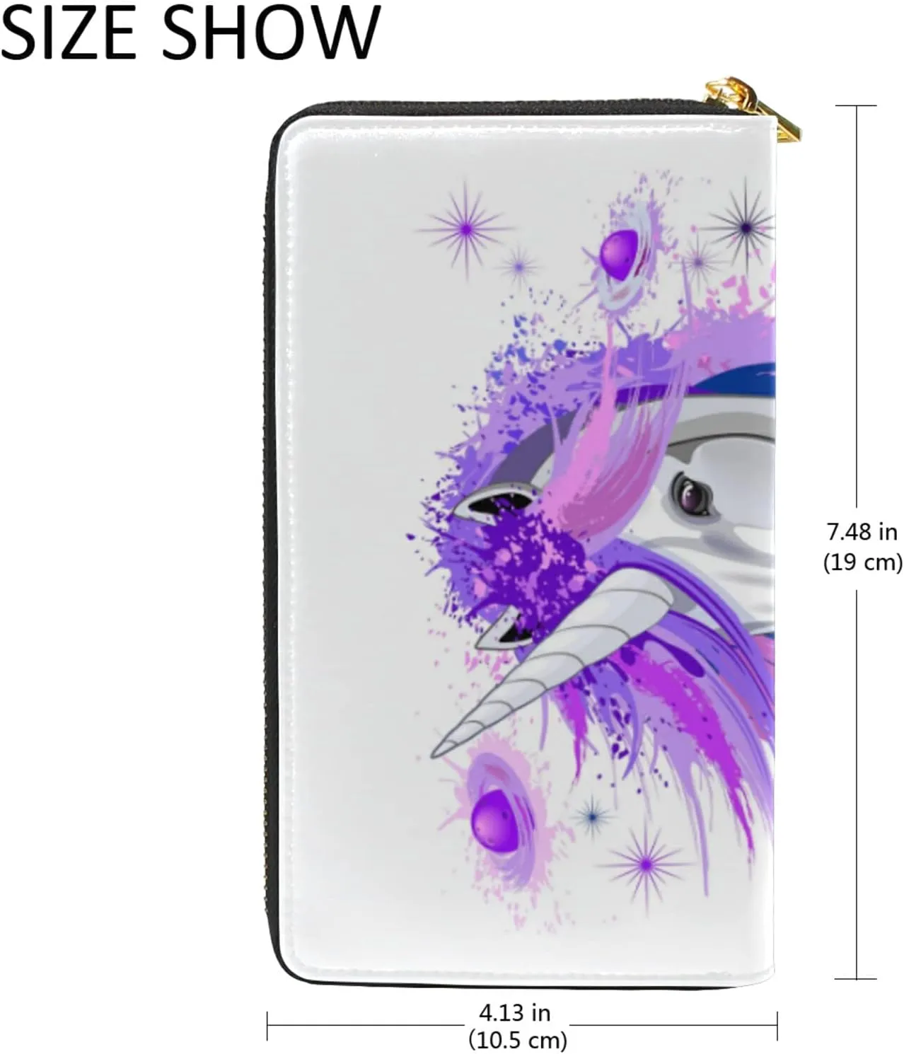 White Unicorn Pink and Purple Style on White Leather Long Wallet Organizer with Zipper Purse Clutch Bag for Women Men