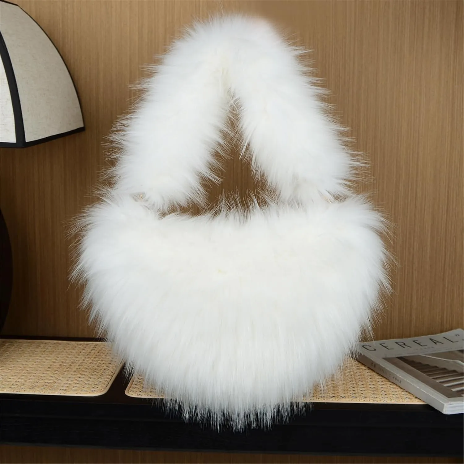 Women Heart Shaped Tote Bag Plush Faux-Fur Winter Clutch Purse Black Yellow