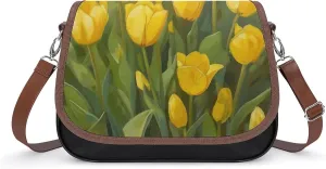 Women's Handbag Yellow Tulips Flowers Satchel Bag Leather Crossbody Bag Waterproof Messenger Bag