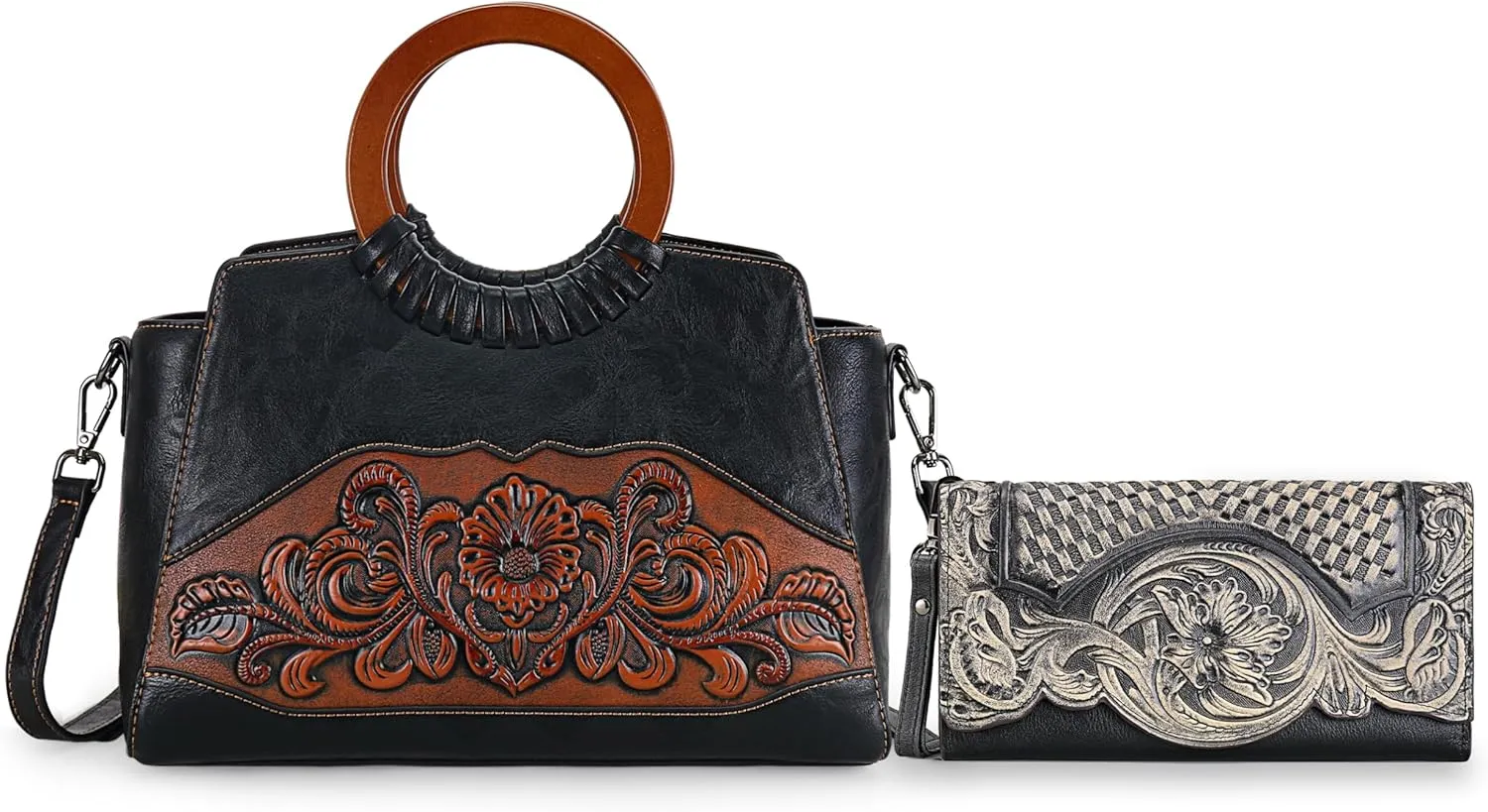 Women's Wallet Black AND Women Satchel Handbags Crossbody Bag Medium Size Tote Black
